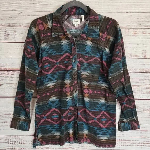 BKE Womens Buckle Plaid Boyfriend Shirt S Multi Aztec Print Button Granola Girl - Picture 1 of 10